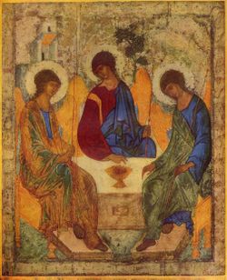 The Holy Trinity by Andrei Rublev, using the theme of the "Hospitality of Abraham." The three angels symbolize the Trinity.